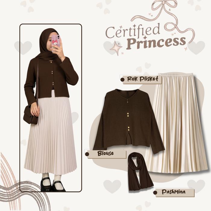 Set Hijab Modis Warna Earth Tone – Blouse Rajut Coklat, Rok Plisket Cream & Pashmina Coklat Tua Padu