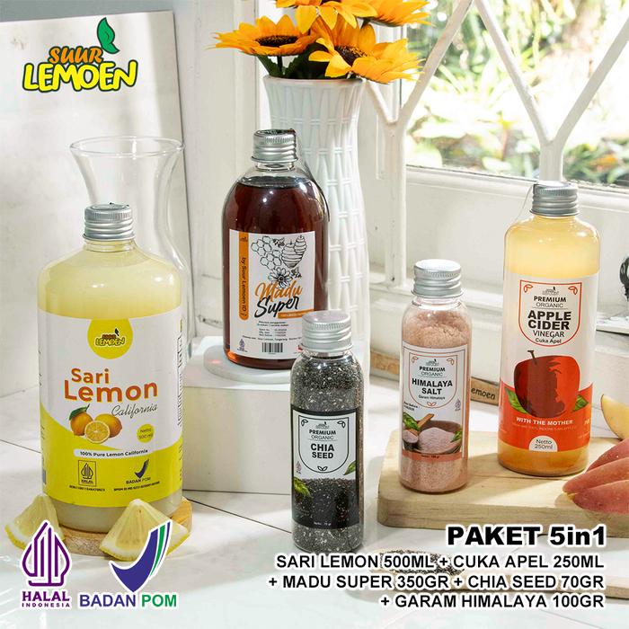 Suur Lemoen Paket 5in1 - Cuka Apel, Sari Lemon, Chia Seed, Madu Hutan, Garam Himalaya