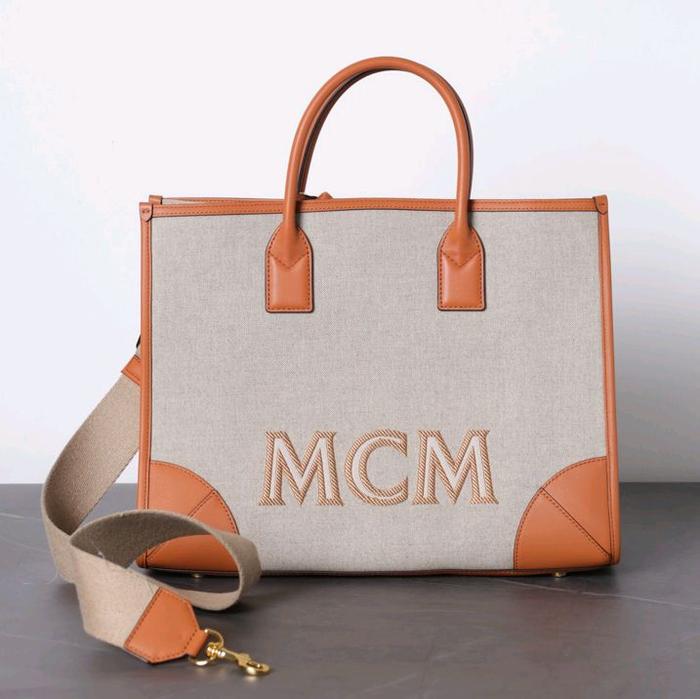 MCM Large Munchen Tote Bag in Cognac Italian Canvas x Spanish Calf with Removable Pouch