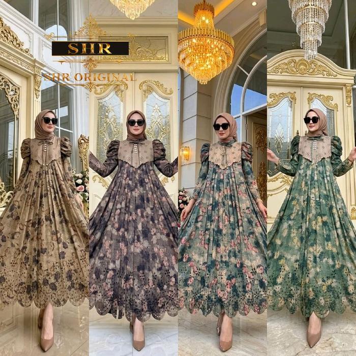 COD !!! NEW SHR ORI 100%DRESS MAXI GAMIS MIDI GERIGI SUTRA MOTIF BUNGA TIMBUL SYAHIRA
