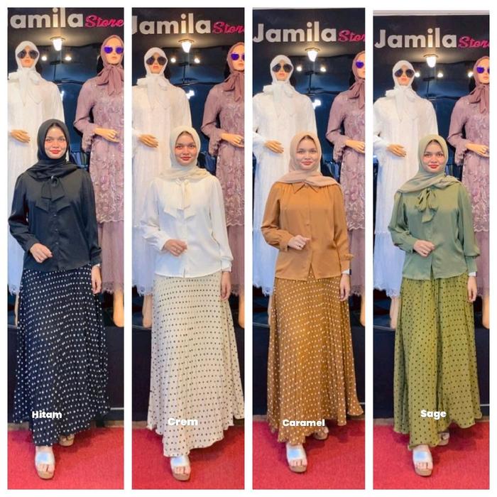 Jamila Store Rok Bola Bola Hijam Crem Caramel Sage untuk Penampilan Elegan dan Nyaman rok motif polk