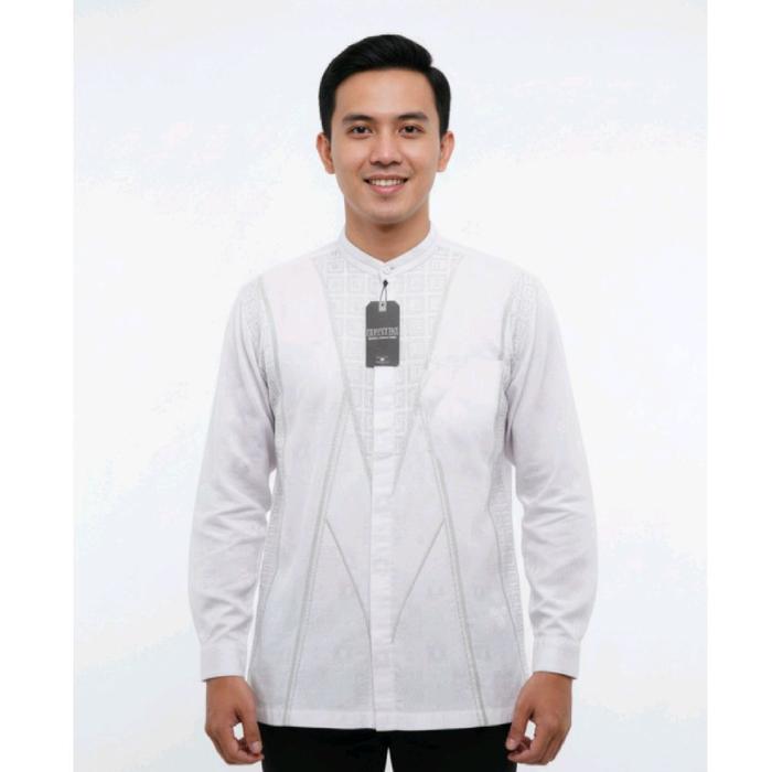 Baju Koko Putih Pria EESTEX Oversize L XL Katun Lembut Motif Bordir Koko Lengan Panjang