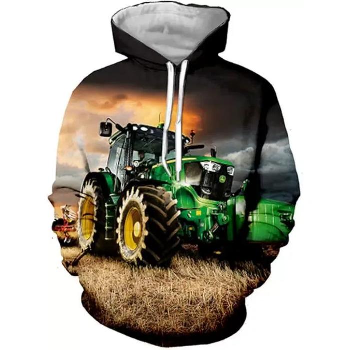 Hoodie Tipis Berkupluk Warna Hitam Motif Traktor Hijau Pemandangan Pertanian Lengan Panjang dengan T