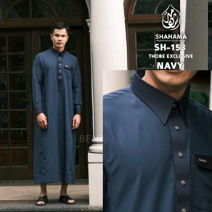 Thobe Shahama SH-153 Biru Navy Baju Gamis Pria Dewasa Modern Thobe Lengan Panjang Navy