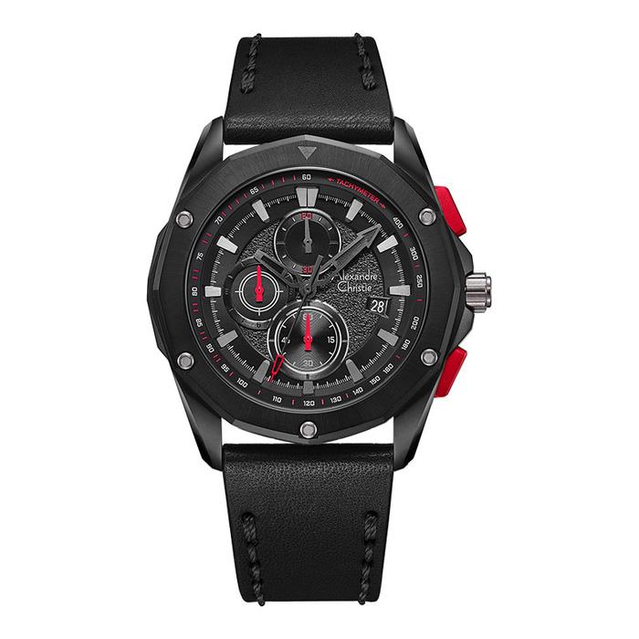 Jam Tangan Pria Alexandre Christie Chronograph AC 6663 MC LIPBARE Men Black Dial Black Leather Strap