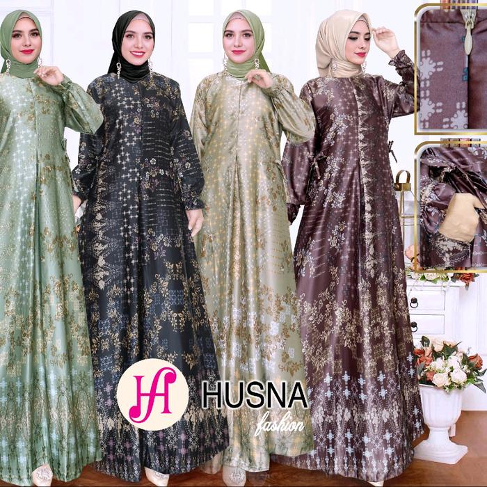 (COD) Husna Dress Gamis Maxmara Silky Premium Motif Salsa- Dress Resleting Busui - Pakaian Kondangan