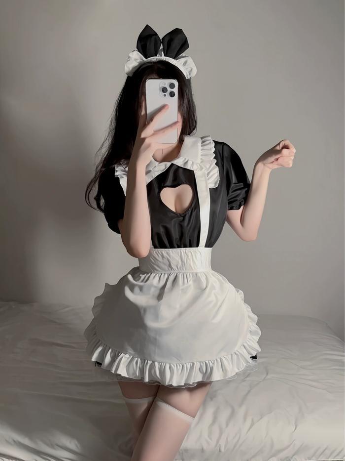 【MYLADY】COSPLAY LINGERIE MAID KOSTUM SEXY WANITA DRESS HITAM 1 SET SAMA BANDO
