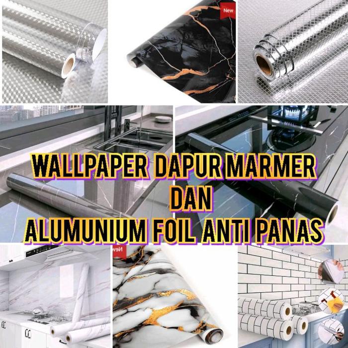 Wallpaper Dinding Polos Sticker Dinding Dapur Kitchen Set Marmer Marbel Glossy Alumunium Foil Abu-ab