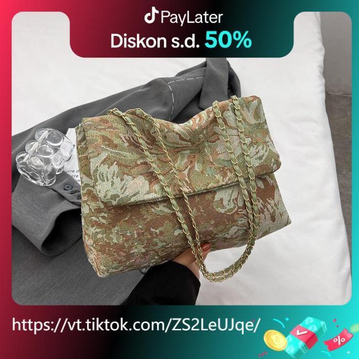 Tas Selempang Totebag Lukisan Bunga Minyak Kapasitas Besar Trendi Kanvas Wanita Hijau DMTS073 - Hita