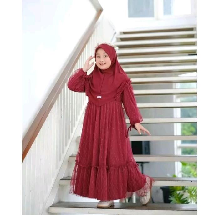 READY-ALVIRA KIDS-SET KHIMAR-BAHAN CRINGKLE MIX TILE DOT-USIA 5-12 TAHUN