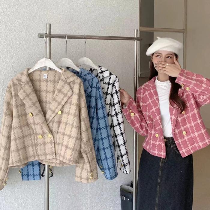 Blazer Tweed Knit Atasan Houndstooth