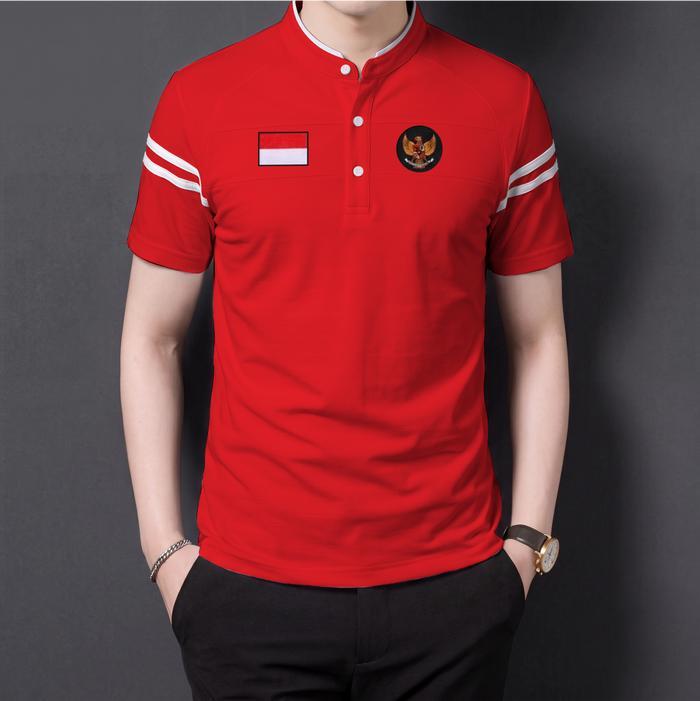 kaos kerah Shanghai logo bendera Indonesia dan garuda, logo bordir basic cotton combed 24s - hitam,