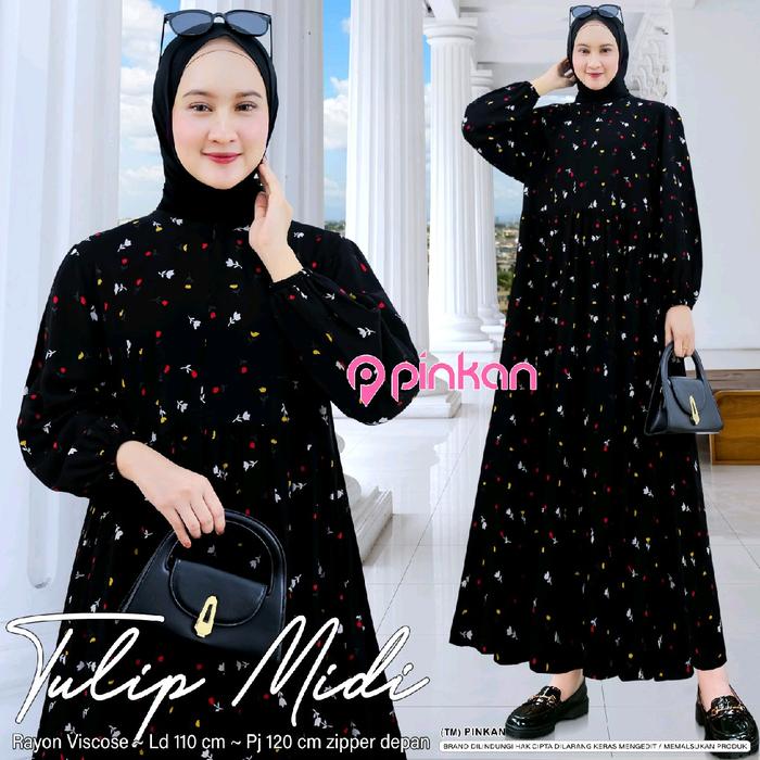 Tulip Midi Dress Rayon Viscose Adem Gamis Muslim Zipper Busui - By Pinkan Wudhu Wanita