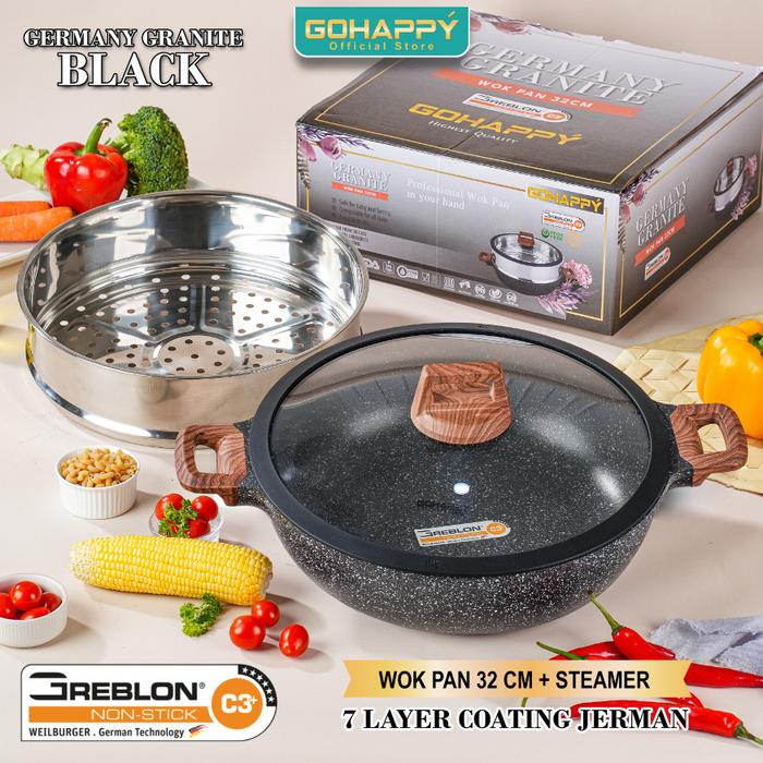 Panci Set Jumbo WOK PAN 32 CM BLACK STEAMER GOHAPPY GERMANY GRANITE GREBLON C3 ANTI LENGKET 3X TEBAL