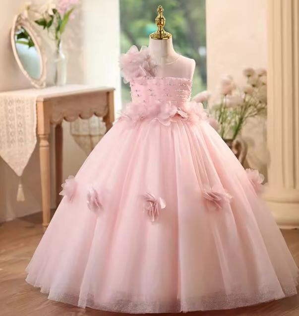 Gaun Anak Perempuan Bunga Mewah Warna Pink dengan Bunga 3D dan Manik-manik, Gaun Putri