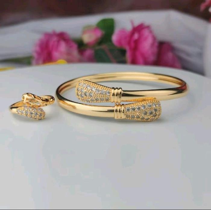 Set gelang bengel titanium free cincin motif F107CV lapis emas anti luntur916 Kulit Perhiasan Kalung