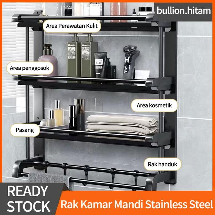 Rak Kamar Mandi Stainless Hitam Rak Sabun Kamar Mandi Rak Handuk Kamar Mandi Tempel Rak Multifungsi