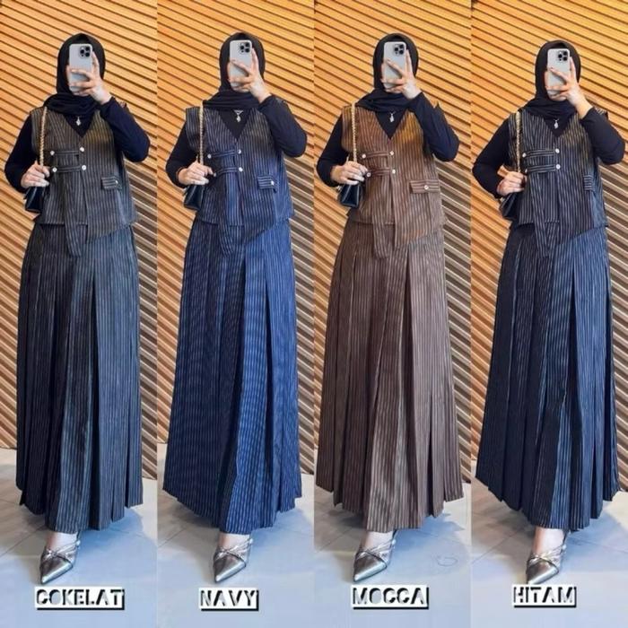 SET ROK VEST AWKARIN Dengan Pilihan Warna Cokelat Navy Mocca Hitam untuk Tampilan Elegan baju kurung