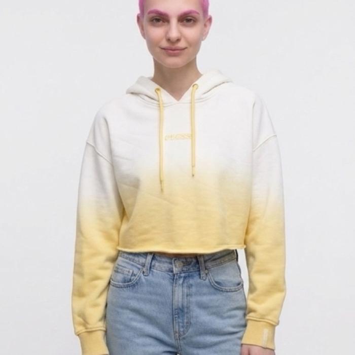 Hoodie Crop Top Guess dengan Desain Ombre Warna Krem dan Kuning Wanita Sweater Atasan Fleece
