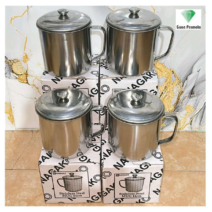 Mug Full Stainless Steel Semua Ukuran Real Pict Jumbo Besar Mini  14 13 12 11 10 9 8 7 cm + Tutup Ca