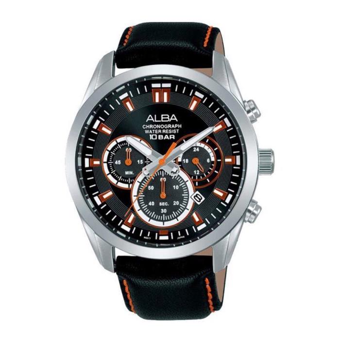 ALBA Jam Tangan Pria AB AT2H65 Chronograph Tali Kulit Hitam Tahan Air 10 BAR