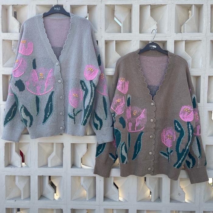 Cardigan rajut bunga oversize wanita premium