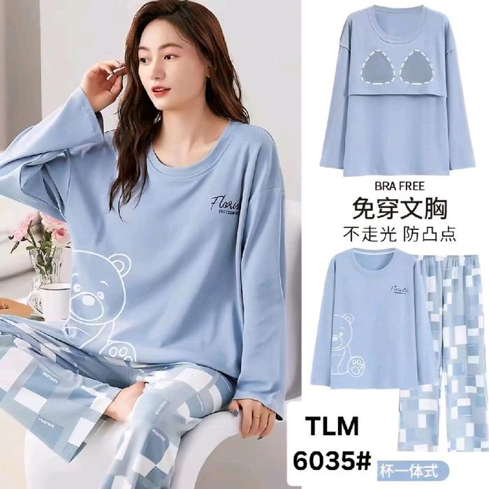 TLM 6035# Baju Tidur Wanita Tanpa Bra Desain Lucu Beruang Warna Biru Muda Nyaman untuk Tidur