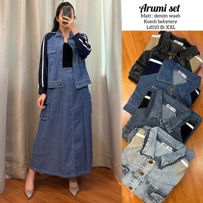 ARM420 SET BAHAN JEANS PREMIUM KOMBINASI KAOS / ATASAN&ROK ARUMI SET ROK