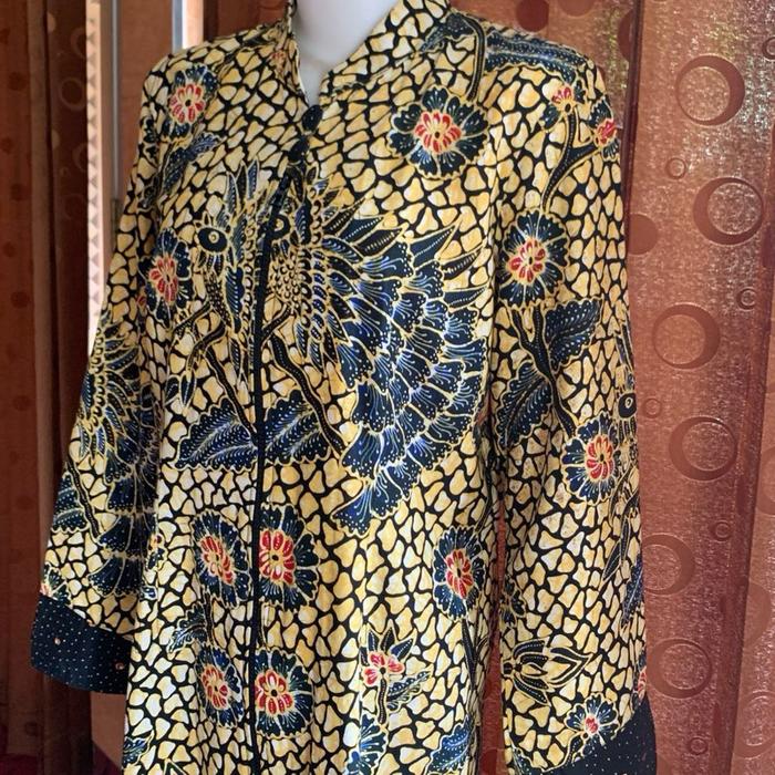 Outer Batik Tulis Asli Bahan Kain Primisima Motif Elegan Warna Kuning Biru Hitam