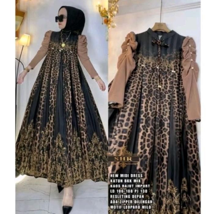 Midi Dress wanita muslim leopard mewah elegan Zahnas by SHR ORI