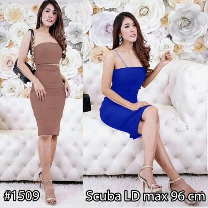 1509 Setelan Party Baju Nyanyi 2 in 1 Scuba - Set Wanita Sexy Rok Midi Selutut Atasan Tanktop Tali