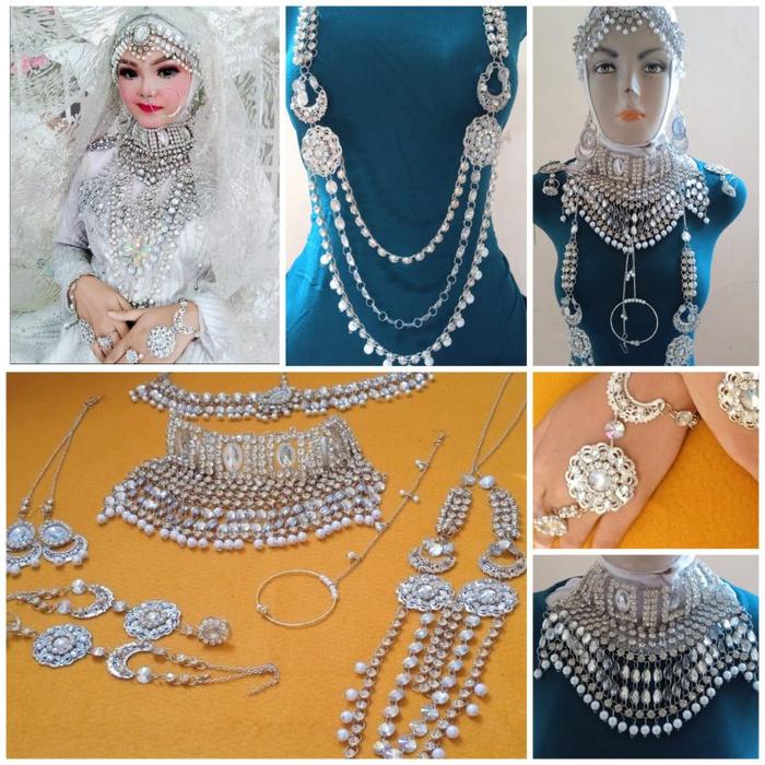 Set Perhiasan Kalung dan Aksesori Pengantin Gaya India Lengkap untuk Wanita
