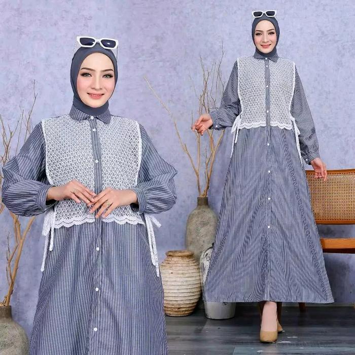 Tunik Nidia Kombinasi Burkat/Tunik dress Wanita Model Burkat Terbaru/Long dress Motif Salur Ful kanc