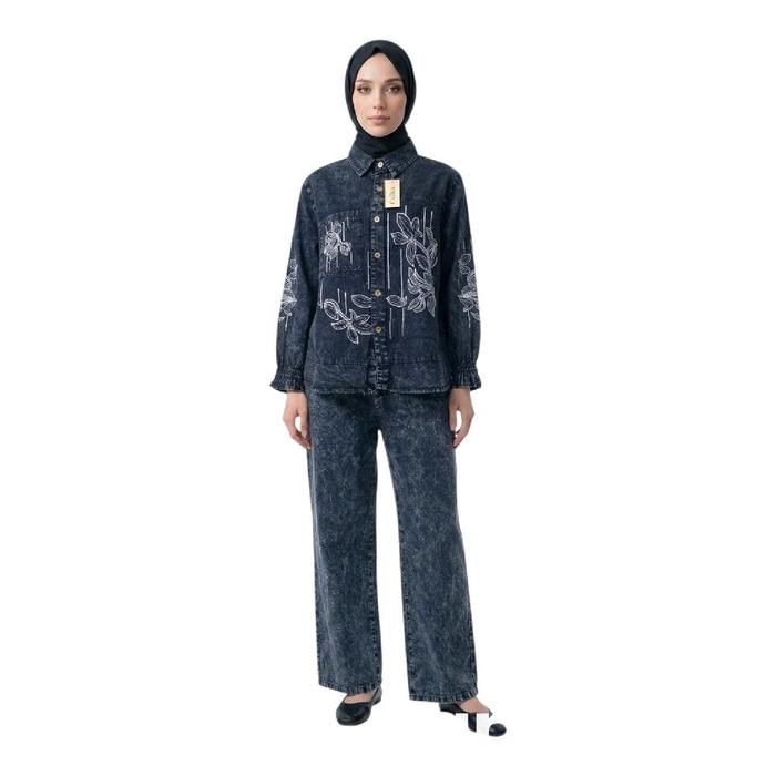 Setelan oneset setpp jeans bordir kemeja ld 108 lp 110 lengan karet