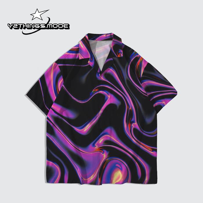 Y2THINGS Kemeja Oversize Motif Abstrak Wavy Hologram Ungu Hitam – Shirt Distro Aesthetic Psychedelic