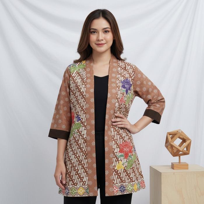 Carrea Batik Outer Long Caramel Motif Encim Truntum Lurik Wanita Cantik Elegan Fit to XL Lingkar Dad
