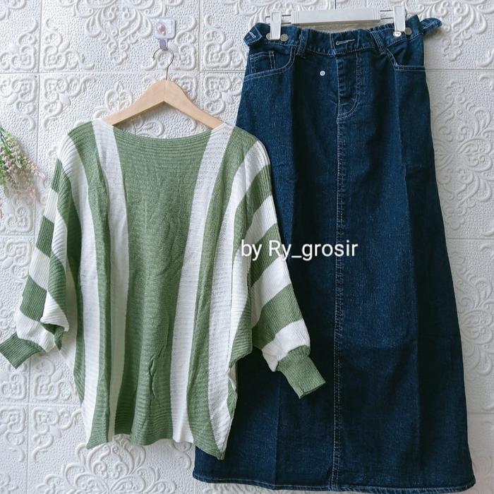 Setelan Wanita Jumbo Blus Rajut  Batwing Rok Span Jeans Jumbo Setrip Panjang