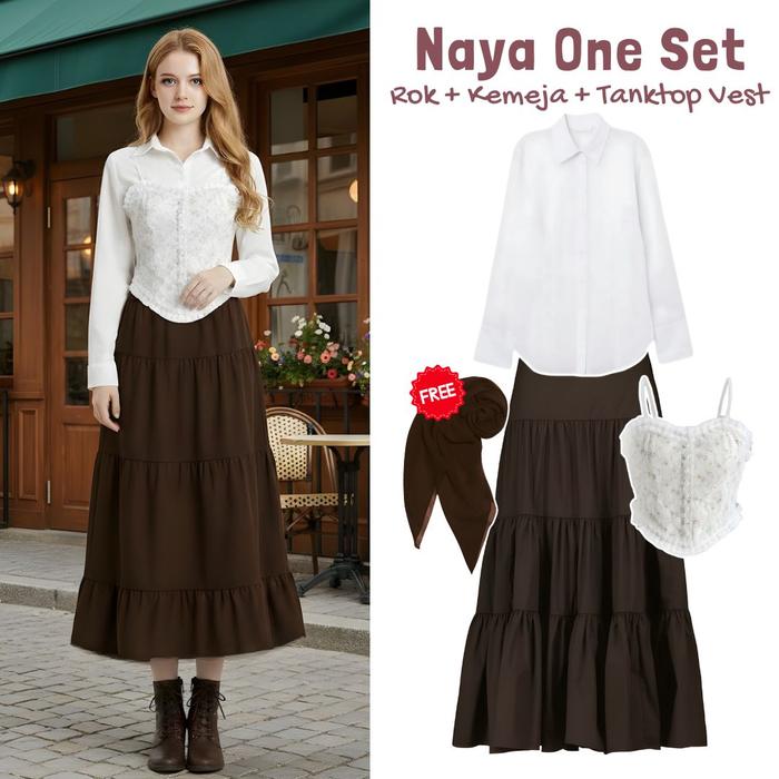 One Set 3in1 tanktop vest vintage kemeja basic rok panjang tali free hijab segi empat | OOTD cewek m