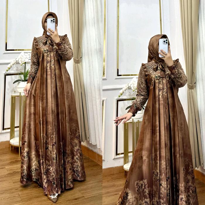 (1) gamis motif armany brown kombinasi tile kotak set hijab segi 4 terbaru Dress Muslim Mewah Cantik