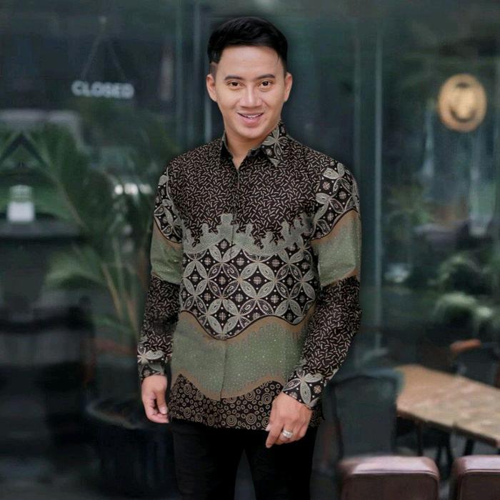 POLIMIKRO KAWUNG IJO Kemeja Batik Pria Lengan Panjang Original Baju Batik Pria M L XL XXL Kain Katun