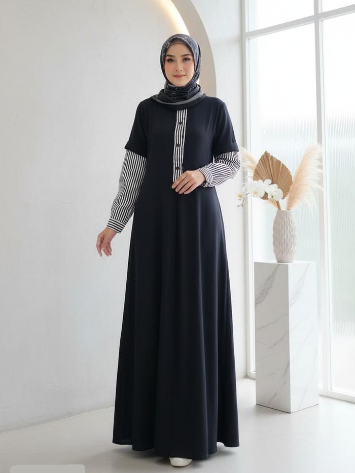 Gamis Muslim Panjang  Cantik Mewah Wanita Dewasa Warna hitam Bahan Kaos Nyaman Casual Modern By Deri