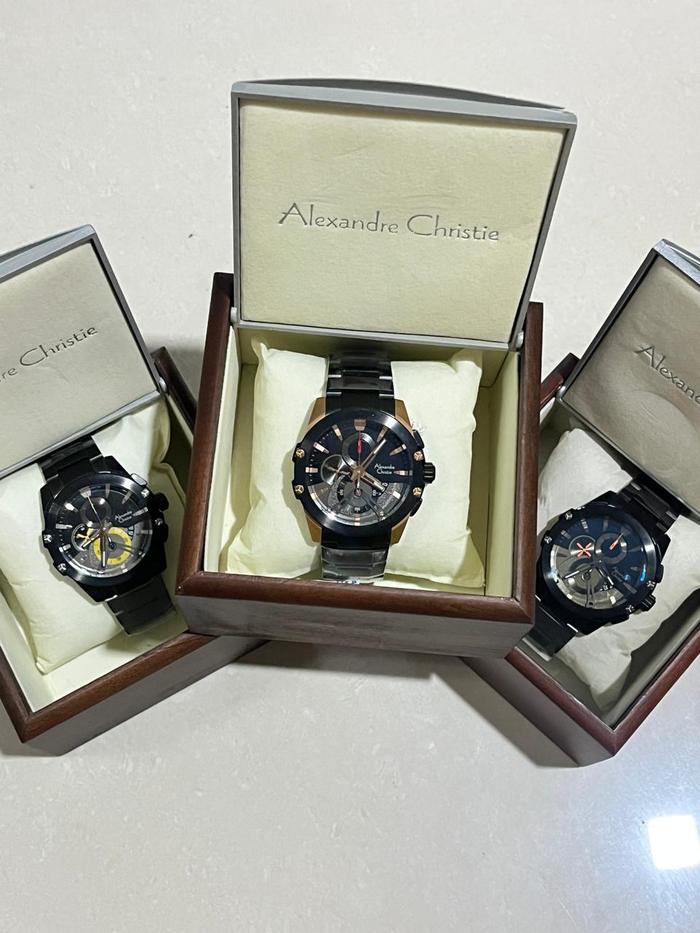 Jam Tangan Pria Alexandre Christie Chronograph AC 6607 M Gold Stainless Hitam Rubber Kaca Watches Ja