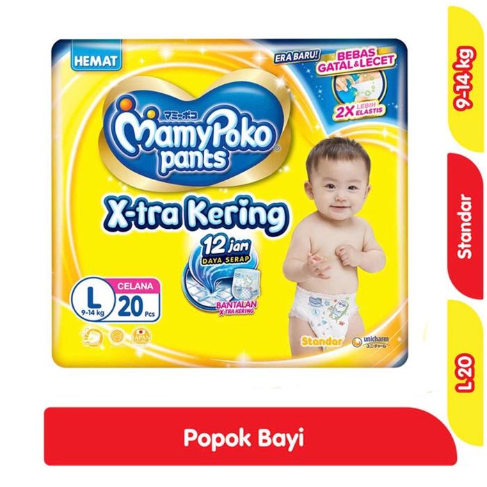 MamyPoko Pants X-tra Kering Ukuran L isi 20 Popok Bayi Standar 9-14 kg Hemat & Bebas Gatal & Lecet