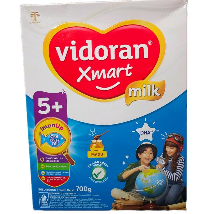 Vidoran Xmart Milk 5+ Rasa Coklat & Madu 700g untuk Anak-Anak dengan ImunUp Cod Liver Oil DHA Nutris