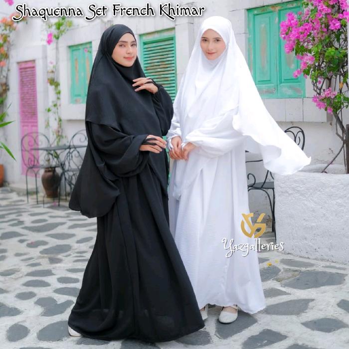 Set Gamis Abaya Shaqueena French Khimar Umroh Haji Crinkle Airflow Premium Syari Muslim Wanita
