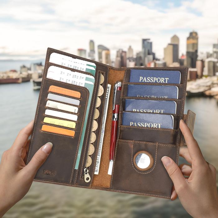 Genuine Leather Passport Wallet Vintage Long Purse Clutch Wallets Credit Card Slot Portable Card Bag