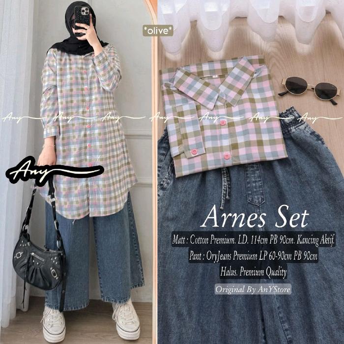 ARNES ONESET SETELAN WANITA CELANA DAN ATASAN BAHAN KATUN KOMBINASI BORDIR Original Tunik BajuSolo E
