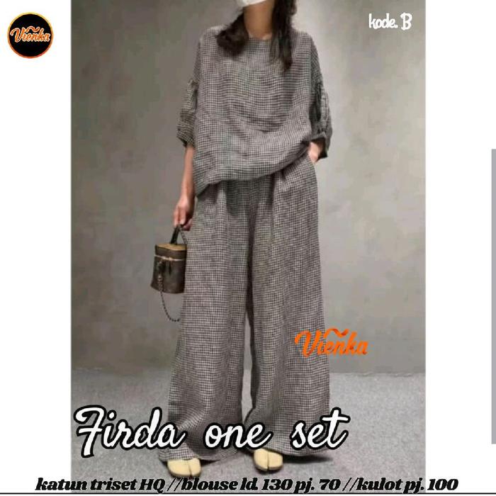 SETELAN WANITA KASUAL GAYA KOREA FIRDA ONE SET BLOUSE CELANA PANJANG KATUN TRISET HQ LD 130 CM SIZE