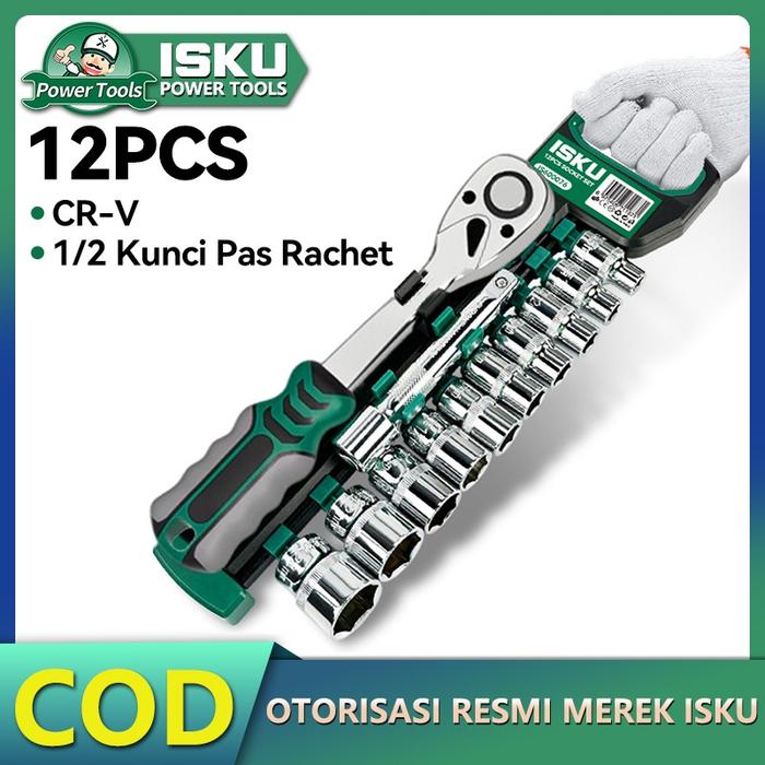 ISKU Kunci Shock set 12Pcs Drive Socket 1/2 Inch Socket Wrench Set 8-24mm Dan 10Inch Extension Bar B