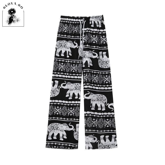 Clova CPG458 Celana Motif Kulot Wanita Santai Gambar Gajah Bahan Rayon Halus Panjang Katun Salur Hit